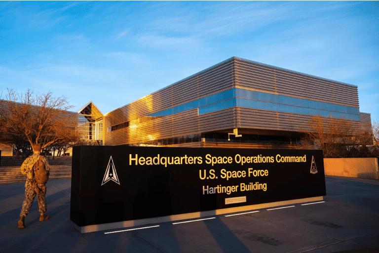 Entrance sign for U.S. Space Force Headquarters building.
