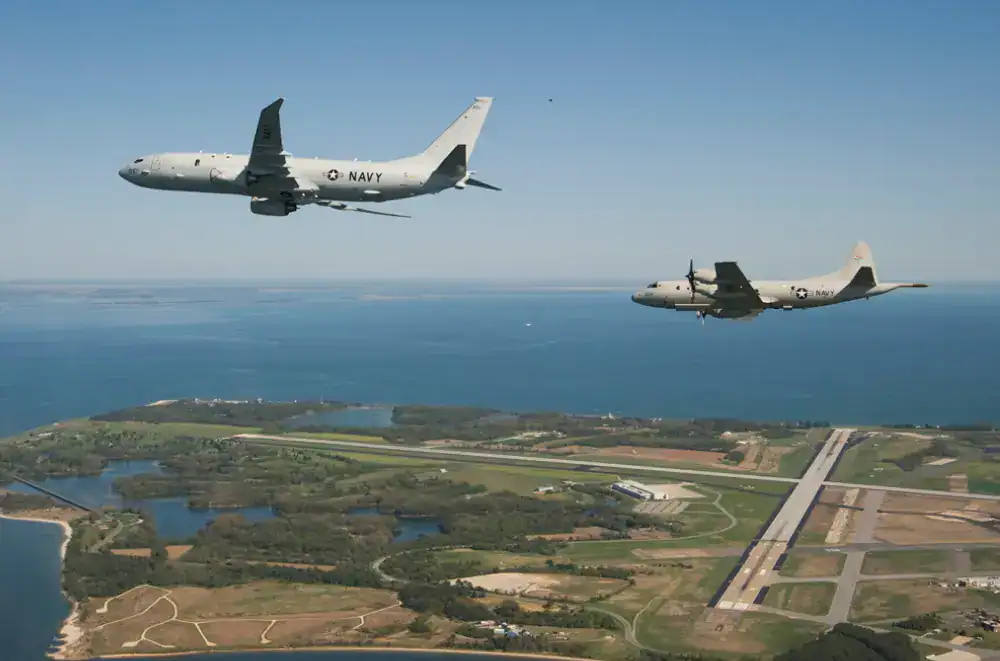 Aircraft flying over the Chesapeake Bay at NAS Pax River.