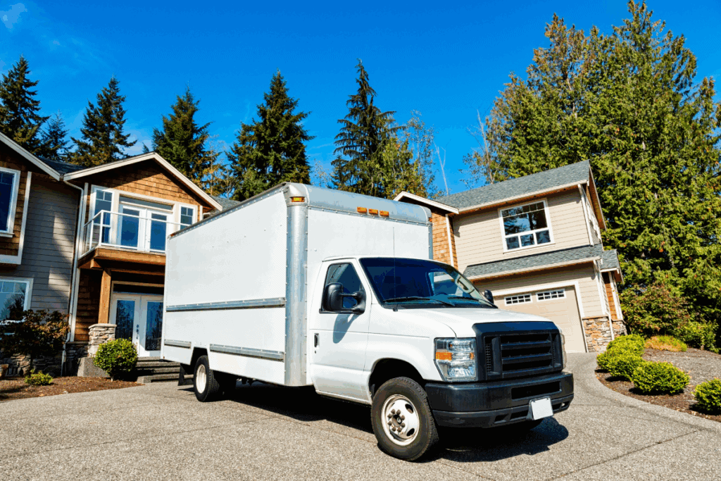 A white moving truck parked in a residential driveway on a sunny day.