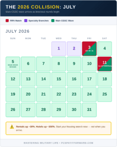 Calendar showing two FIFA World Cup knockout round matches overlapping with the main CGSC student arrival wave at Fort Leavenworth in July 2026
