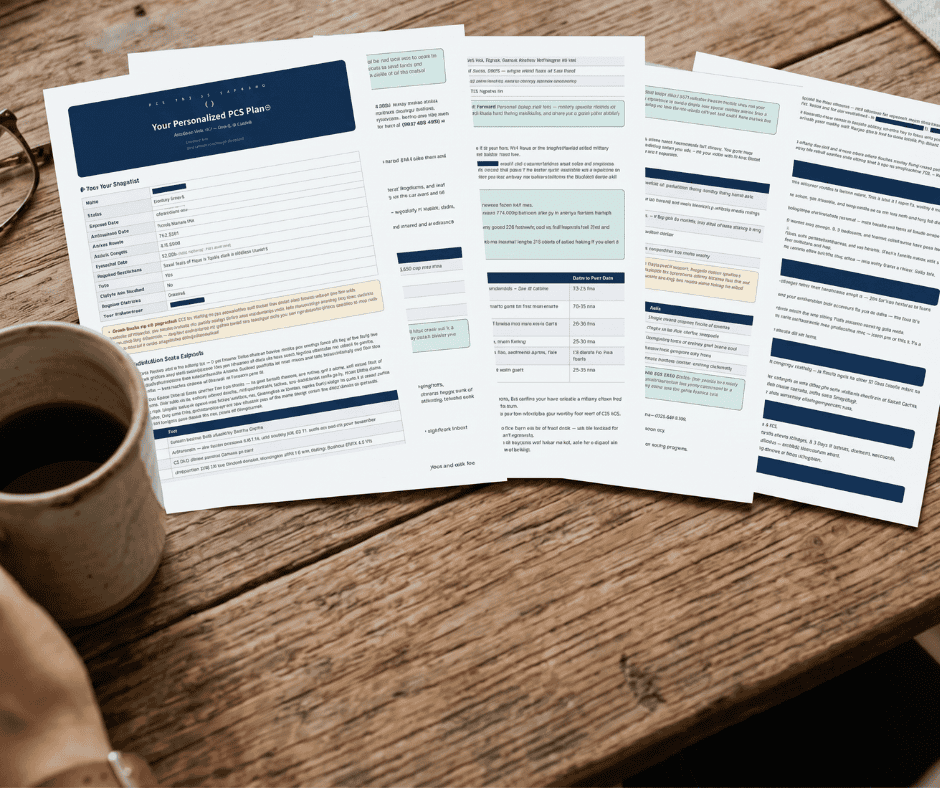 A personalized PCS Plan™ report fanned out on a wooden kitchen table next to a cup of coffee — showing tables, personalized data, and structured sections built for a specific military family's PCS move.